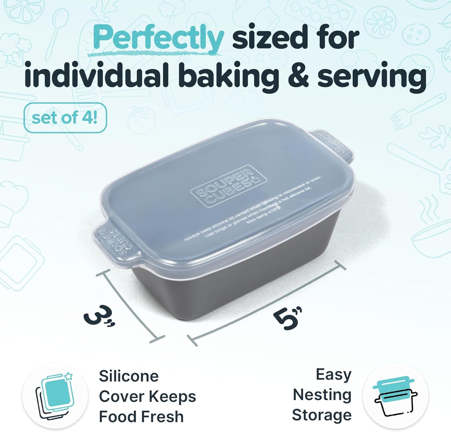 Souper Cubes Stoneware - Small 5" x 3" Ceramic Baking Dish Set with Silicone Covers | Perfect for Reheating Single Servings - Charcoal