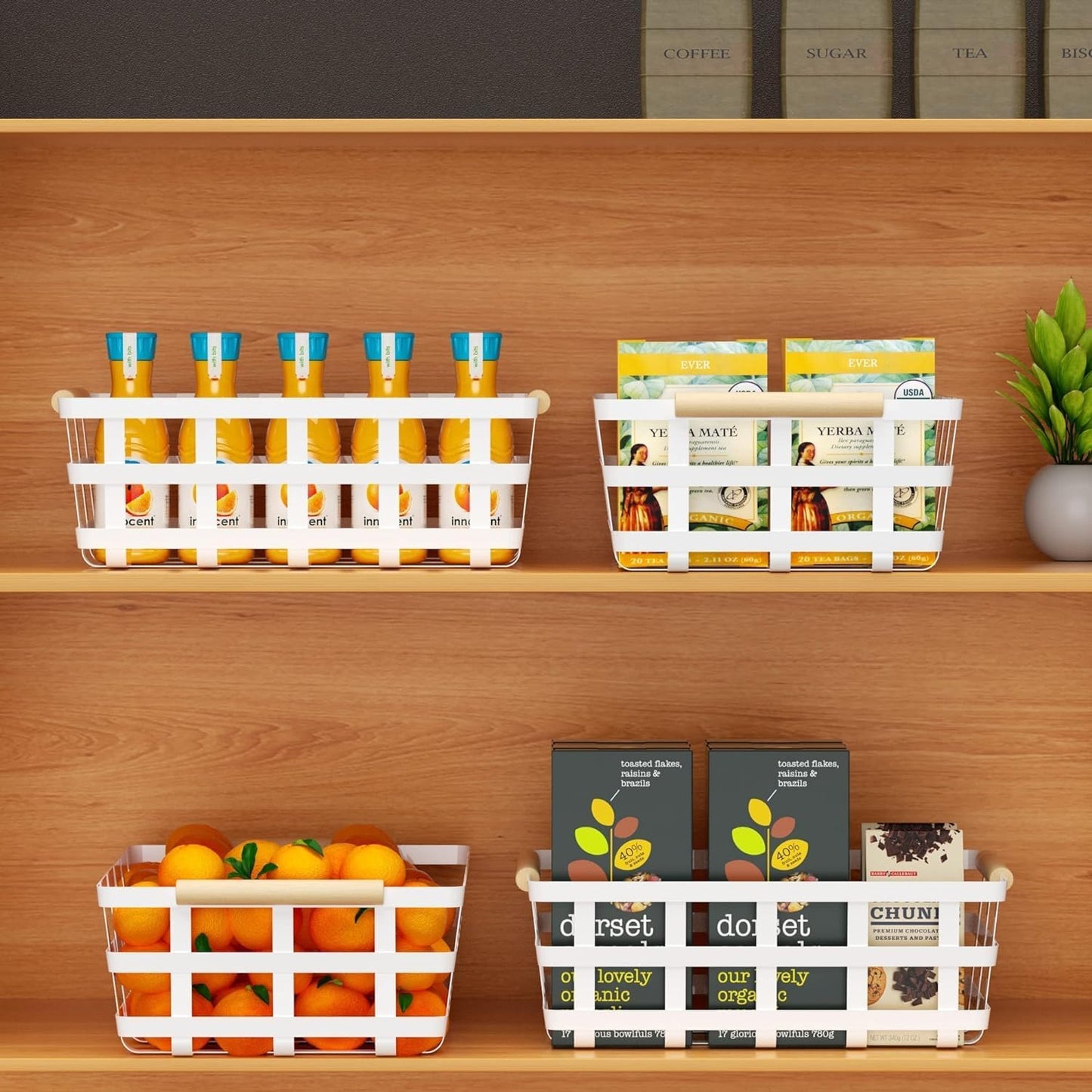 4 Pack Large Metal Storage Baskets, Farmhouse Baskets, Pantry Organizer Baskets with Wood Handle, Metal Baskets Bins for Kitchen Pantry Shelf Cabinets, White