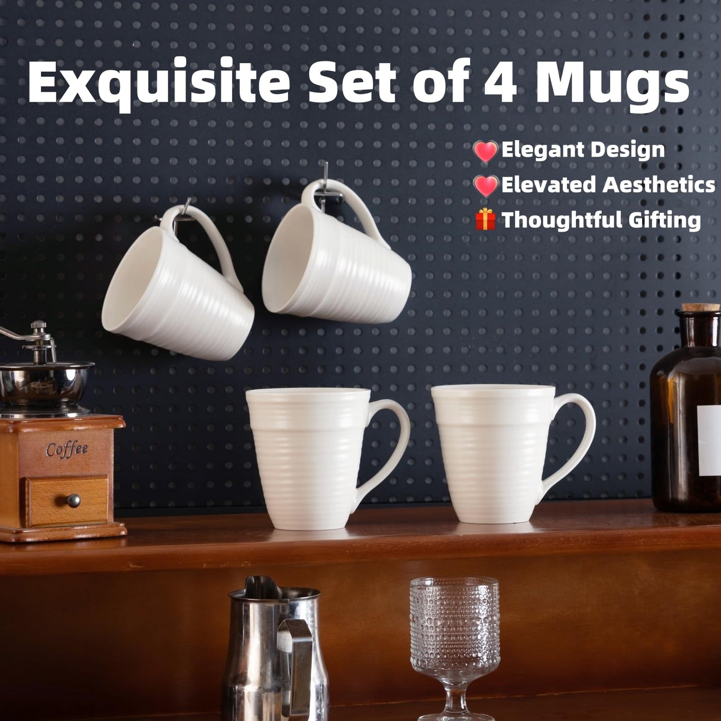 Avcylltty 12 oz Coffee Mugs Set of 4 with Comfort Handles Premium White Ceramic Coffee Mugs for Lattes, Milk, and Hot Tea, Dishwasher and Microwave Safe, Ideal Gift for Coffee Lovers