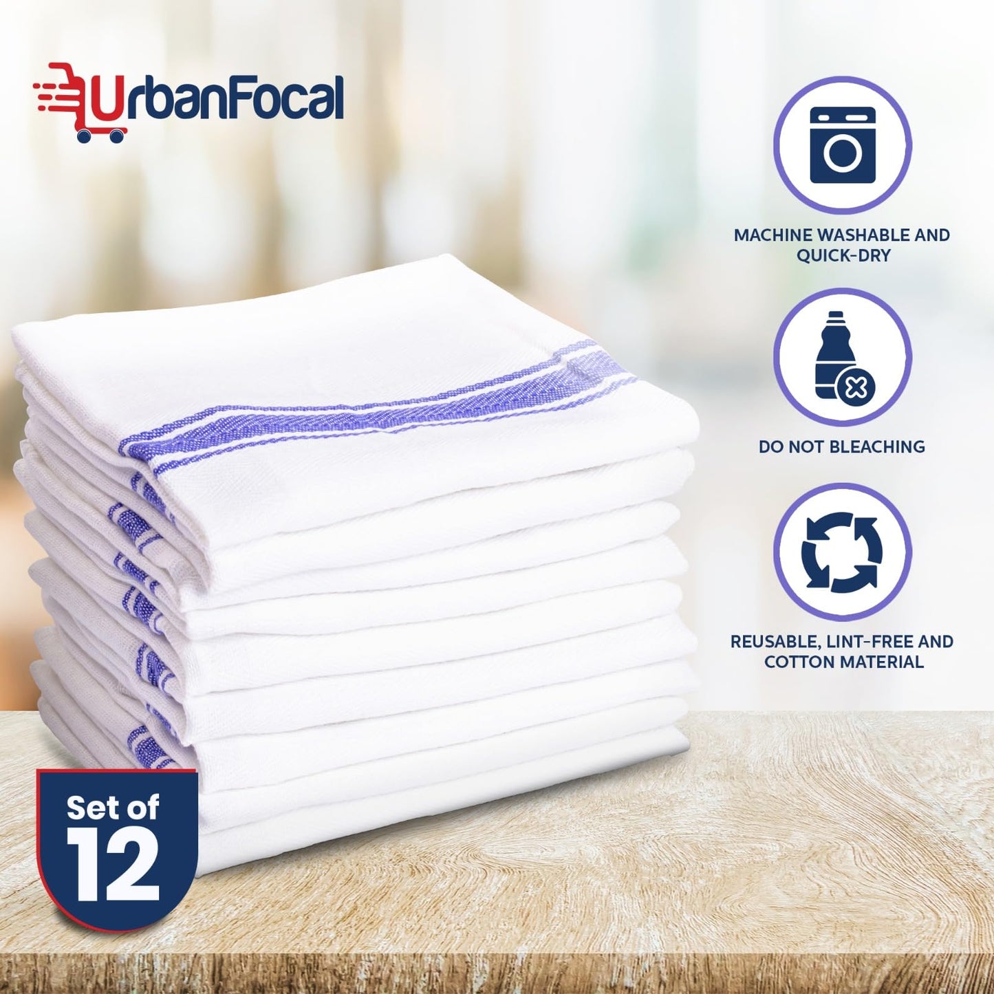 UrbanFocal Washable Kitchen Dish Towels - 100% Cotton Super Absorbent 12 Pack Reusable Cleaning Towel for Dishes | White with Blue Stripe, 14 x 26