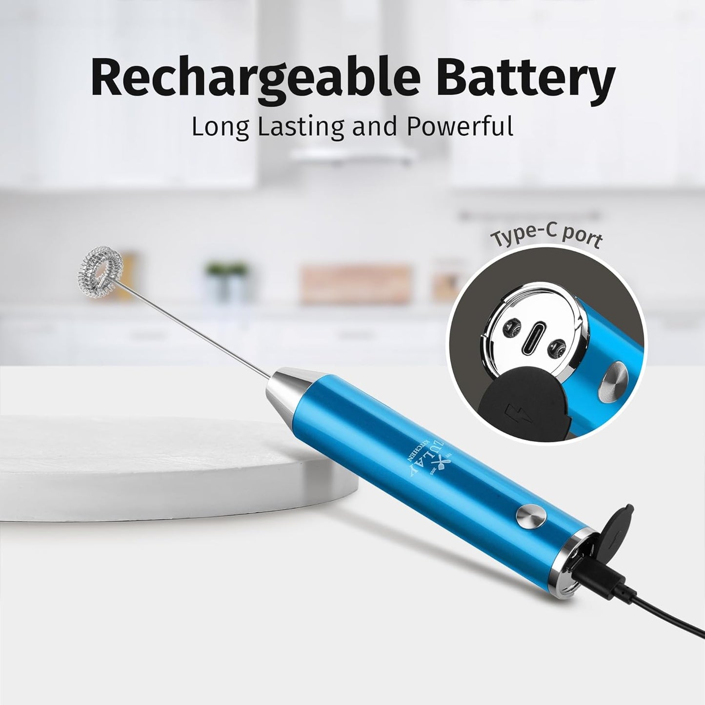 Zulay Kitchen Rechargeable Milk Frother - Powerful 2-Speed Motor, Waterproof, 2000mAh Battery | Metallic Blue Drink Mixer for Lattes, Cappuccinos, Matcha & Protein Powder