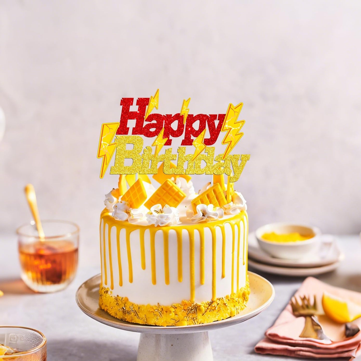 Lightning Bolt Birthday Cake Topper - Glitter Gold & Red Lightning Design | Perfect for Parties & Baby Showers
