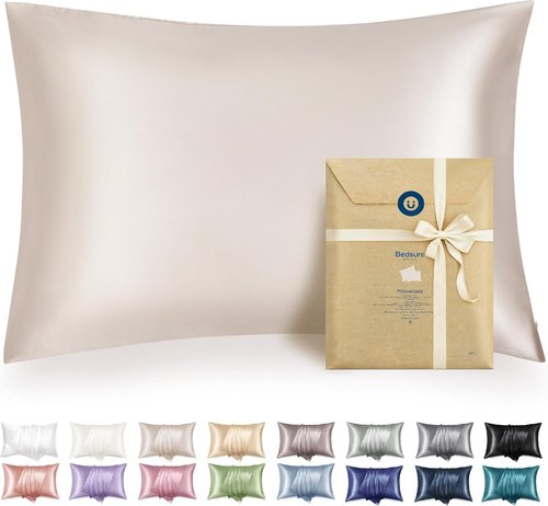 Bedsure Satin Pillowcase - Soft & Silky Zippered Pillow Covers, 2 Pack, Beige, Standard Size 20x26 Inches