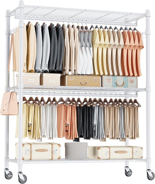 Homdox 3-Tier Garment Rack - Heavy-Duty Portable Closet with Wheels & Double Hanger Rods | White