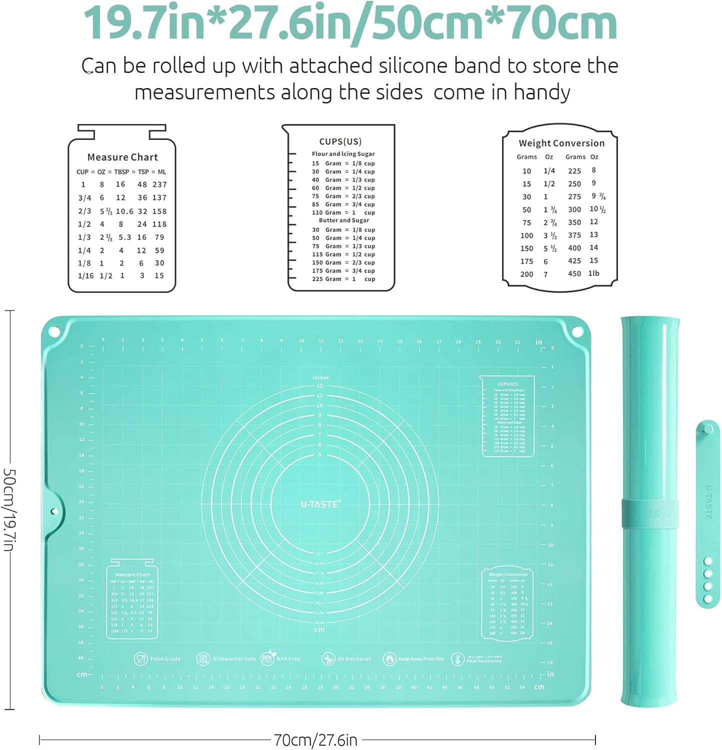 U-Taste Large Pastry Mat - 28"x20" Food-Grade Silicone Baking Sheet with Non-Stick Surface & Clear Measurements (Aqua Sky)