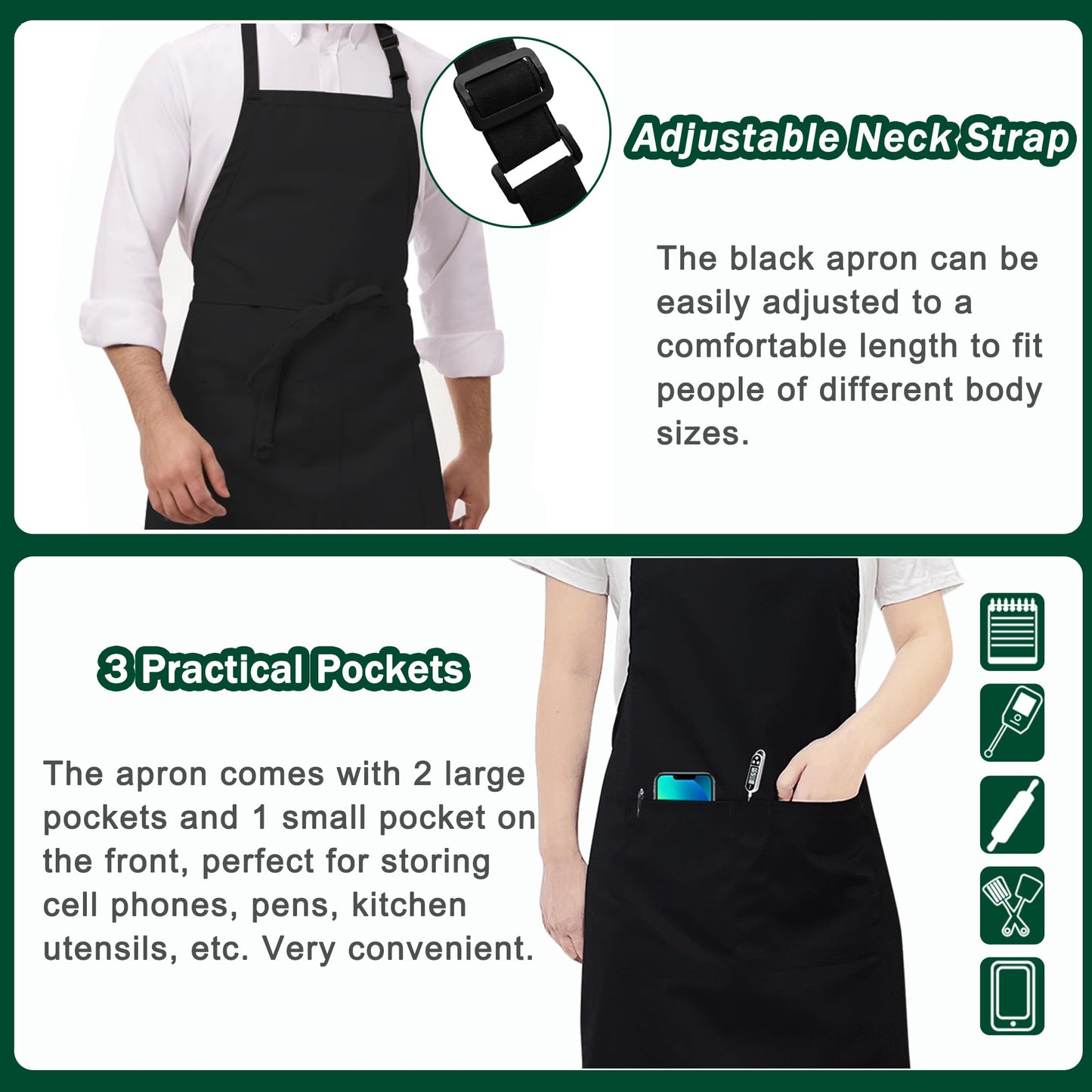 umboom 5 Pack Black Chef Apron, Servers Large Apron, Kitchen Bib Apron for Women Men, Professional Work Apron for Cooking Dishwashing Catering Painting Gardening (Adjustable, 3 Pockets, XL)