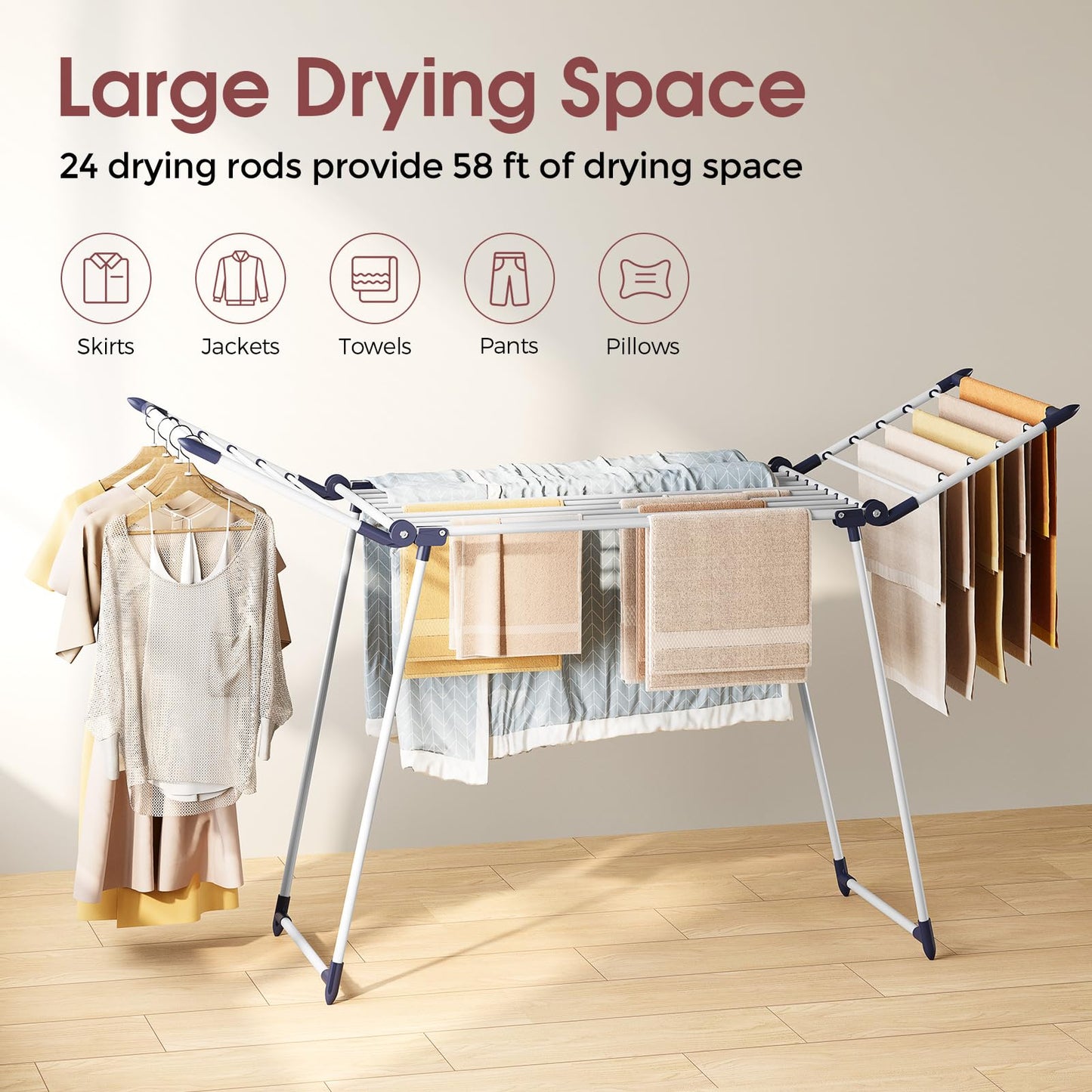 APEXCHASER Clothes Drying Rack Foldable, Large Drying Rack Clothing, Winged Laundry Rack Folding Indoor Outdoor, Metal Clothes Airer for Bedding Towel Sweater Heavy Duty, 68.9" X 22" X41.3", White