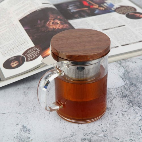 COMI Tea Cup with Infuser Walnut Lid&Handle, Glass Tea Cups with Wide Mouth Extra Large Capacity, Stainless Steel Tea Infuser Mug for Loose Leaf Tea Steeping(14oz/400ml)