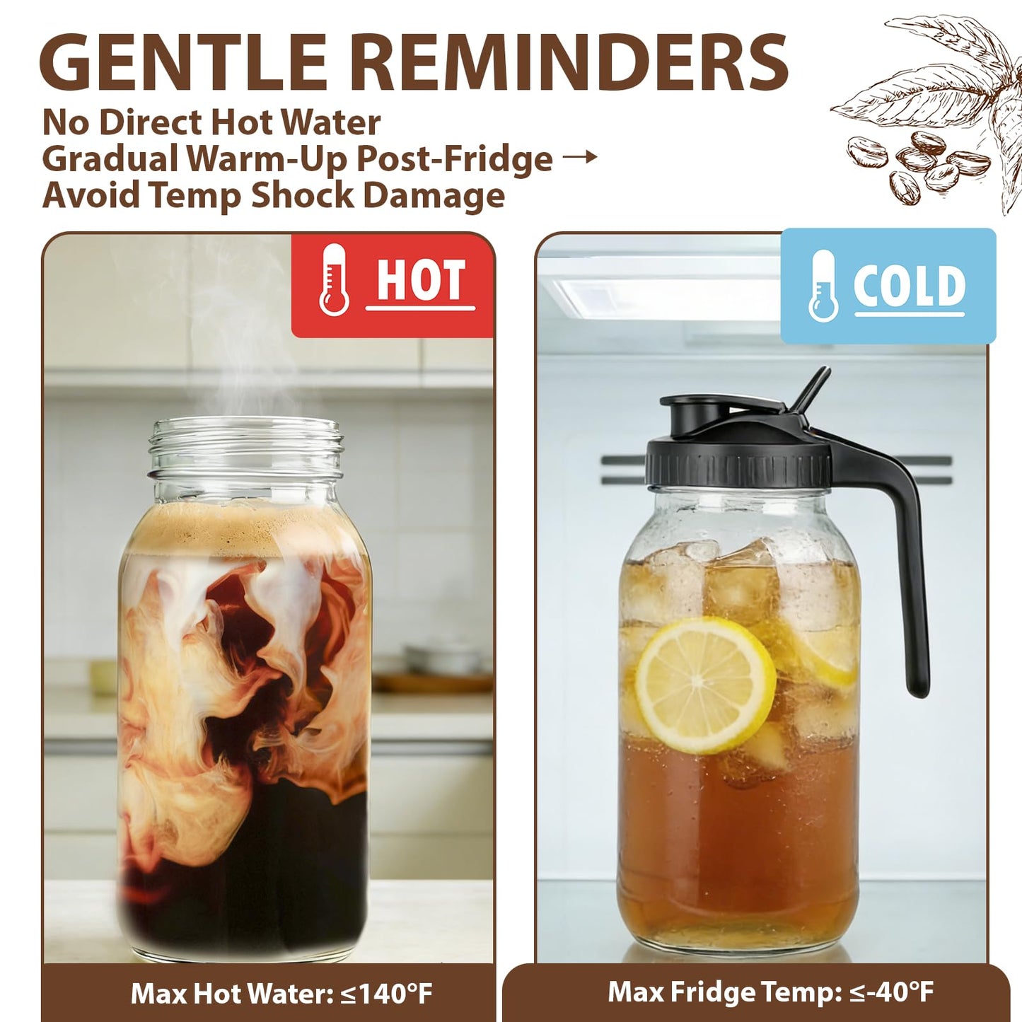 64 oz Glass Mason Jar Pitcher with Lid, Handle & Non-Slip Silicone Base, Food-Grade Leakproof & Airtight – 2-Quart Iced Tea Pitcher for Fridge, Breast Milk Storage, Sun Tea & Cold Brew (Black)