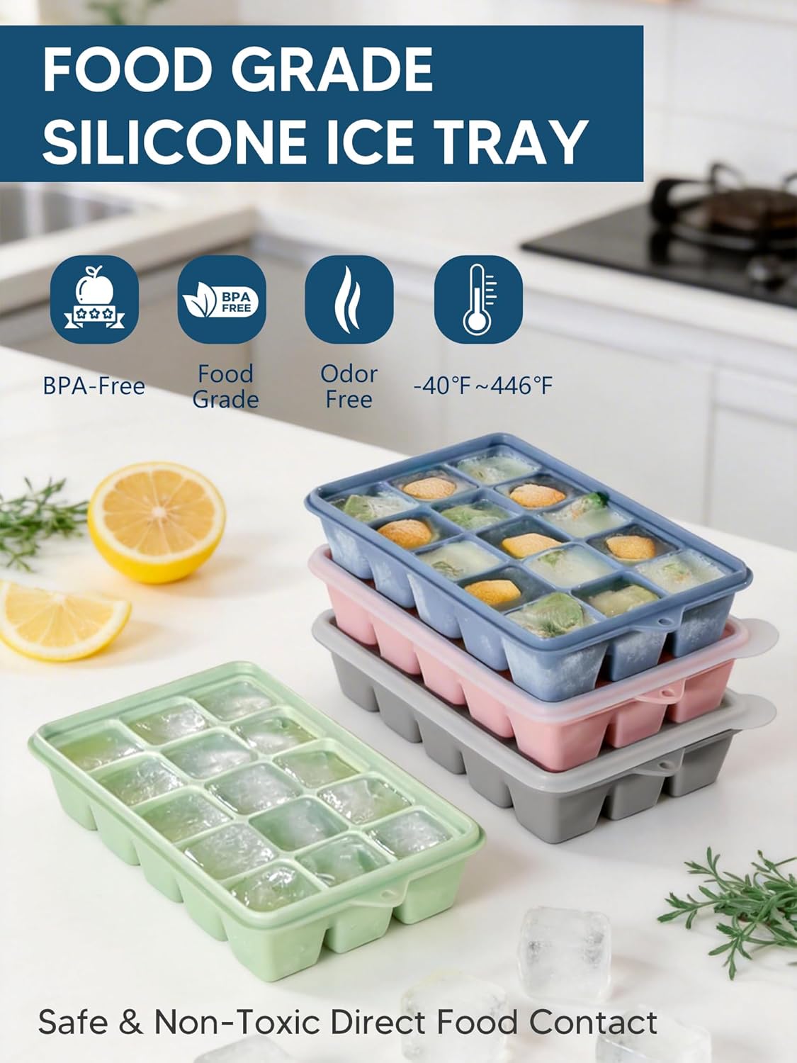 Skiennix Silicone Ice Cube Trays - Easy Release, Stackable & Reusable | 4 Pack with Lids for Cocktails & Whiskey