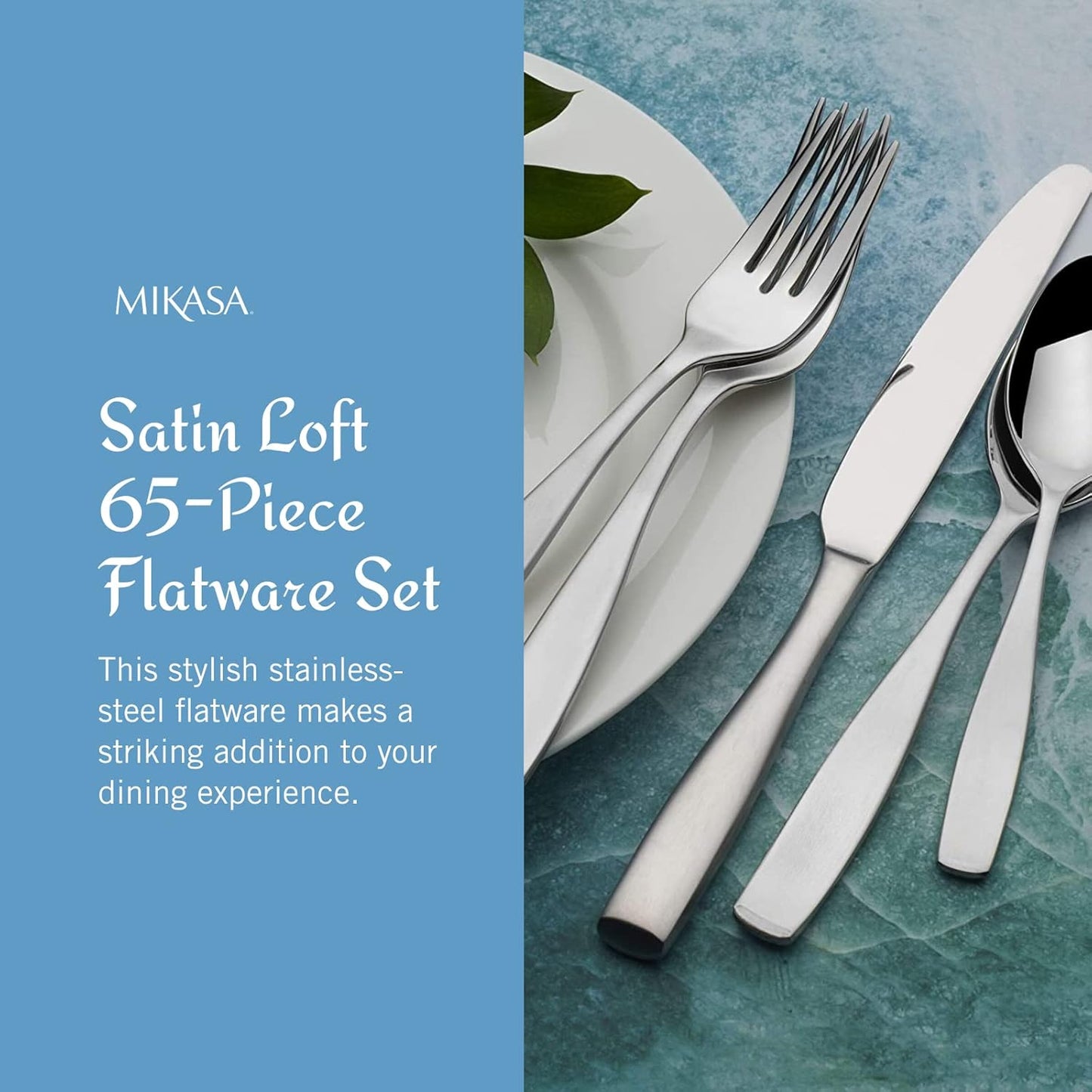 Mikasa Satin Loft 65-Piece Flatware Set - Elegant 18/10 Stainless Steel Silverware for 12 | Durable Forks, Knives, Spoons & Serving Utensils