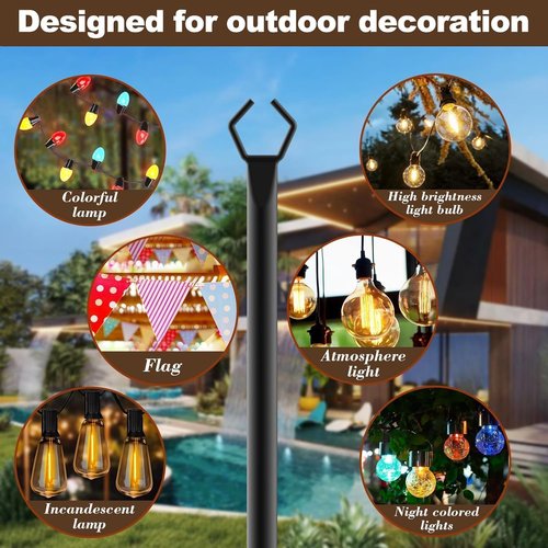AILBTON 10Ft String Light Poles - 4 Pack Outdoor Metal Stands with Fence Brackets for Deck & Patio