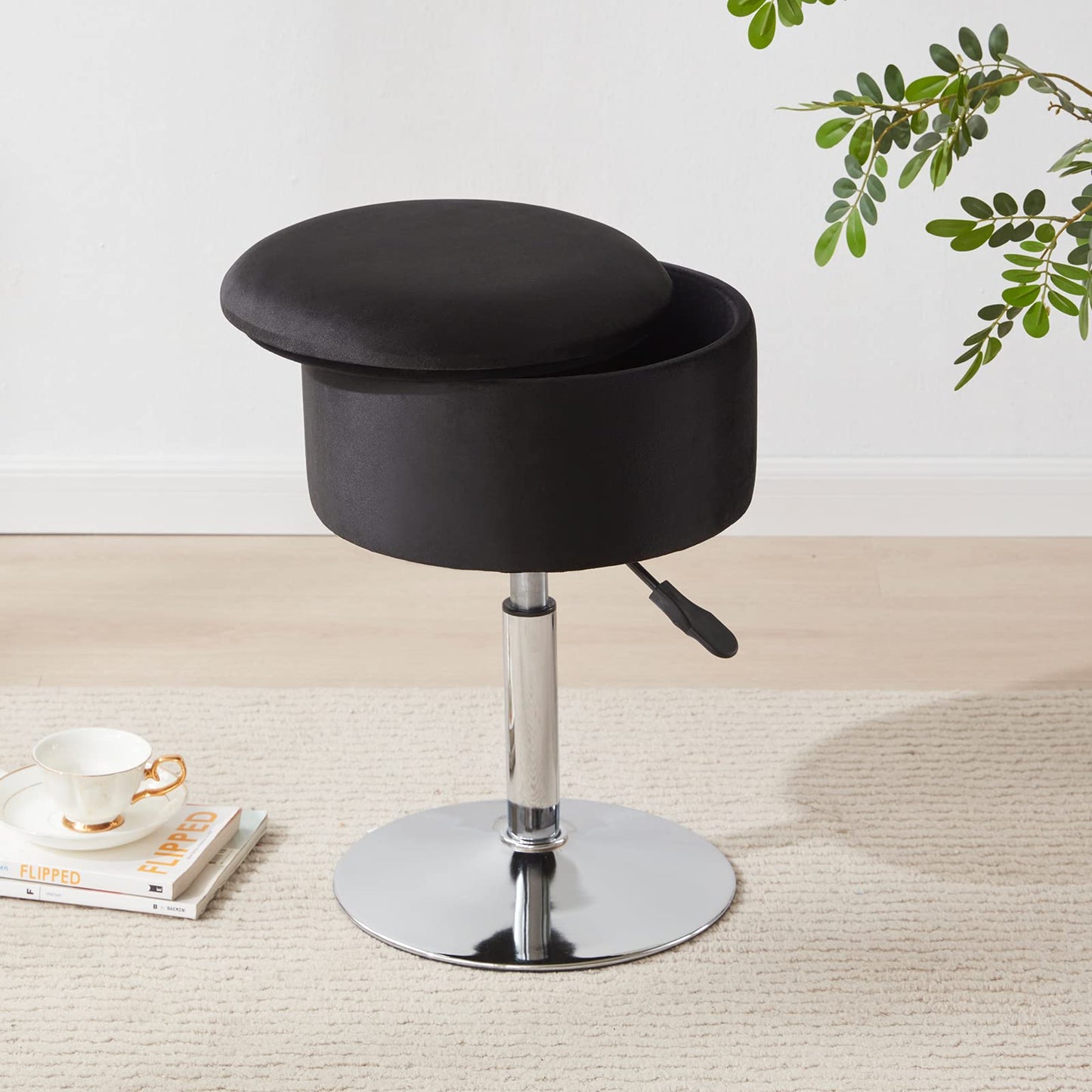 RUCUKEN Adjustable Ottoman Stool Black Vanity Stool Vanity Chair for Makeup Room Stool Chair for Vanity Stool with Storage Makeup Stools with Storage Swivel Makeup Chair for Bathroom Velvet
