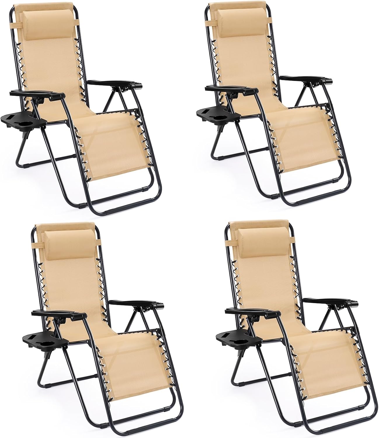 Sweetcrispy Zero Gravity Chairs - Set of 4 Portable Recliners with Cup Holders & Adjustable Pillows | Khaki Outdoor Lounge Chairs for Beach & Patio