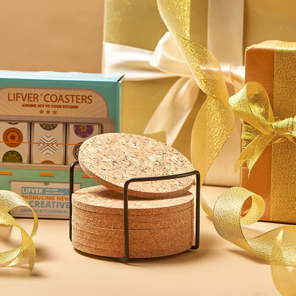 LIFVER Cork Coaster for Drinks with Holder, 8 Pcs Absorbent Coasters, Outdoor Coasters for Wooden Table Protection, Suitable for Kinds of Cups, House Warming Gifts 4 Inches