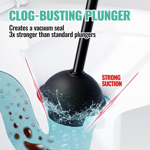 3 In 1 Toilet Brush Set by [Brand Name] - Extra Long Handle Plunger & Crevice Cleaner | Black