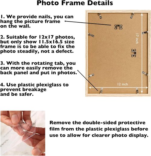 JCJMY 12x17 Picture Frame - Versatile Wall Mounting for Horizontal or Vertical Display | Natural Finish with Shatter-Resistant Plexiglass