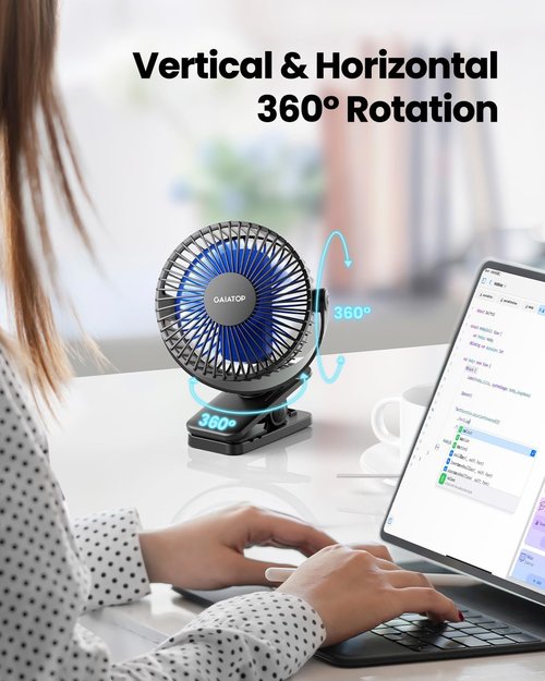 Gaiatop Portable Clip-On Fan - Battery Operated, 3-Speed Quiet Cooling - USB Rechargeable Mini Fan for Home & Office - Black/Blue