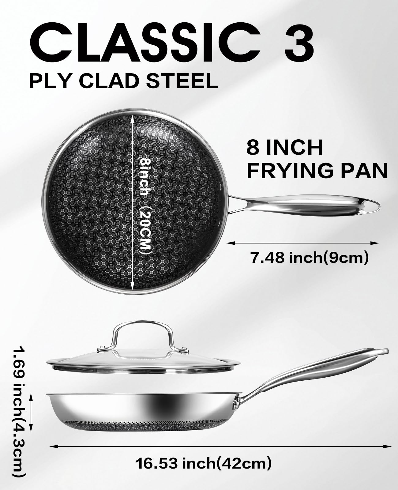 USELUCK Nonstick Frying Pans with Lid,8-Inch Non stick Skillet with Honeycomb Surface,Dishwasher-Friendly,Oven-Safe,PFAS-Free,Compatible with All Cooktops.