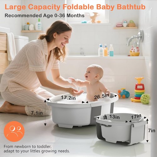 Collapsible Baby Bathtub - Portable Infant Bath Tub with Thermometer & Cushion | Foldable Design for Newborns 0-36 Months (Grey)