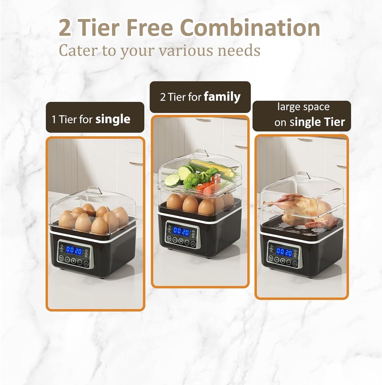 Skiennix 4 QT Electric Food Steamer - 2 Tiers BPA-Free Stackable Baskets | Rapid Egg Cooker with Auto Shut-Off