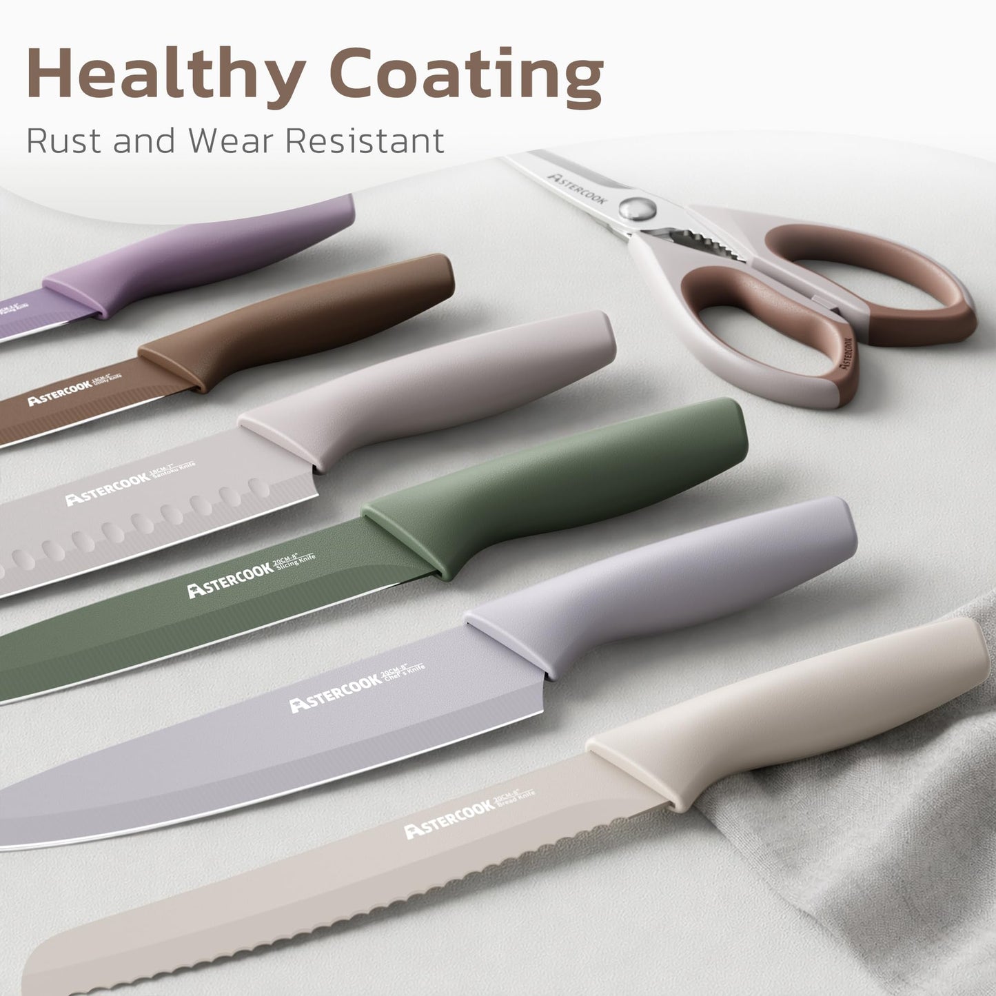 Astercook Knife Set, 13 Pieces Kitchen Knives Set with Healthy Anti-Rust Coating, Dishwasher Safe, Stainless Steel Chef Knife Sets with 6 Blade Guards, Perfect Holiday Gifts for Kitchen Morandi