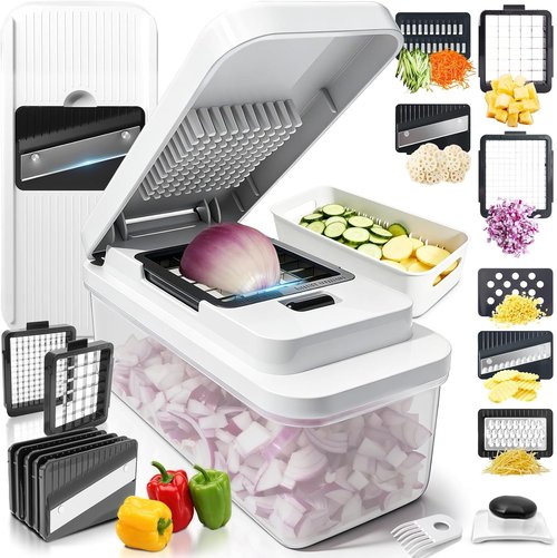 14-In-1 Vegetable Chopper by [Brand Name] - Versatile Cutter with 7 Blades, Container & Lid | Perfect for Salads & Cheese Grating