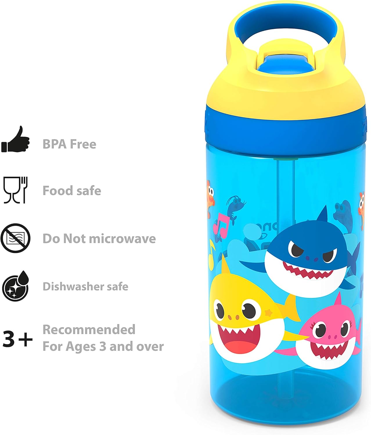 Zak Designs Baby Shark Water Bottle - Durable, Leak-Proof Design with Straw & Carrying Loop | 16 oz