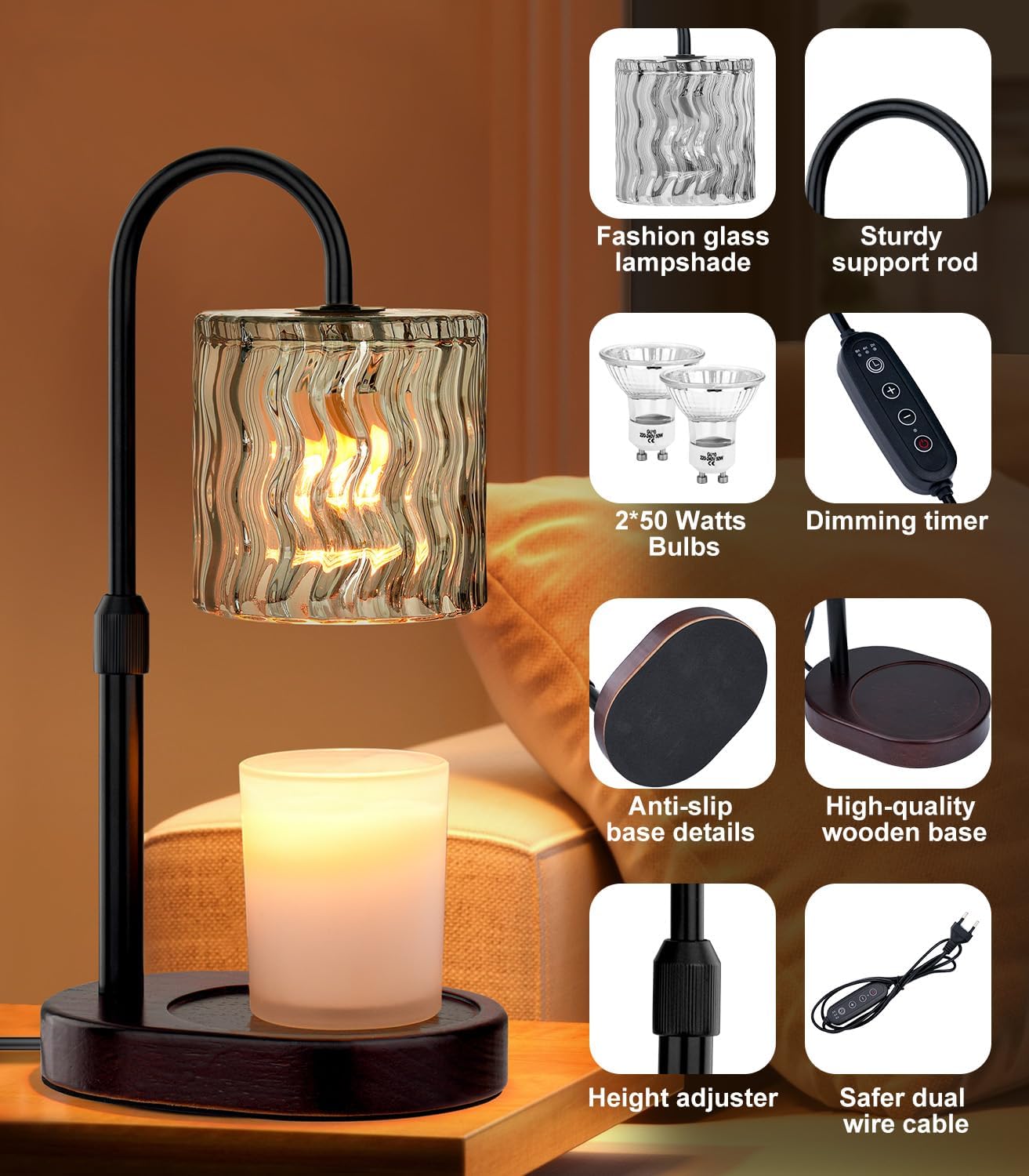 Skiennix Candle Warmer Lamp - Electric Timer & Dimmable Height Adjustable Burner | No Flame Scented Wax Melts