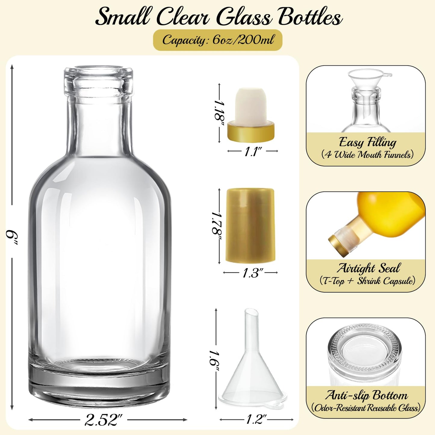 TBWIND 12 Pack 6 oz/200ml Clear Glass Bottles with T-Top Cork Stoppers, Small Refillable Bottles for Homemade Liquor, Vanilla Extract, Oil, Vinegar & Gift Favors