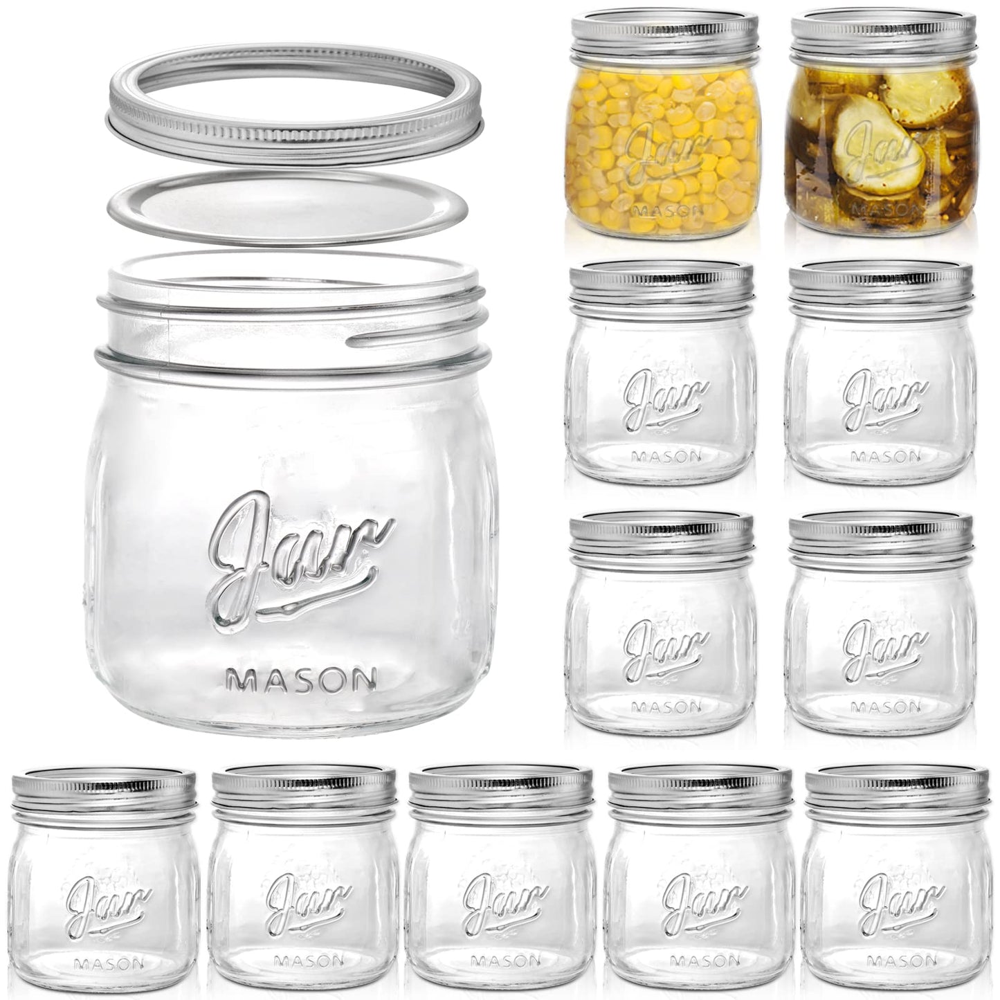 Lyellfe 12 Pack Wide Mouth Mason Jars, 16 Oz Short Glass Canning Jar with Airtight Lids, Food Safe Jam Spice Jar for Honey, Jelly, Wedding Favors, DIY Project, Dishwasher Safe