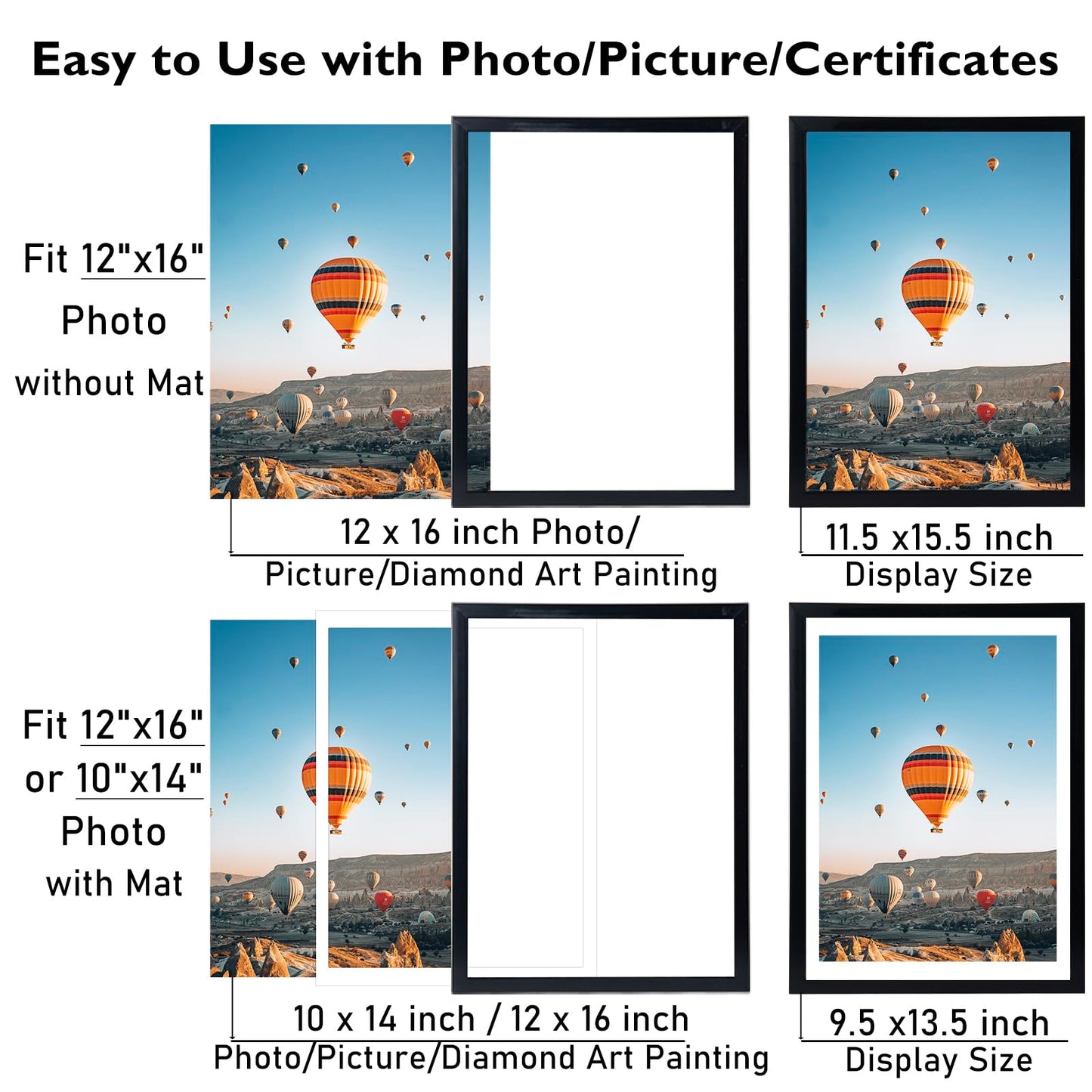 JCJMY 12x16 Picture Frame Set of 6 Black with 10x14 Mat for 30 x 40cm Diamond Art Painting, Display Photo 10x14 with Mat or 12 x 16 Without Mat, Wall Hanging Large Frame, 6 Pack, Black