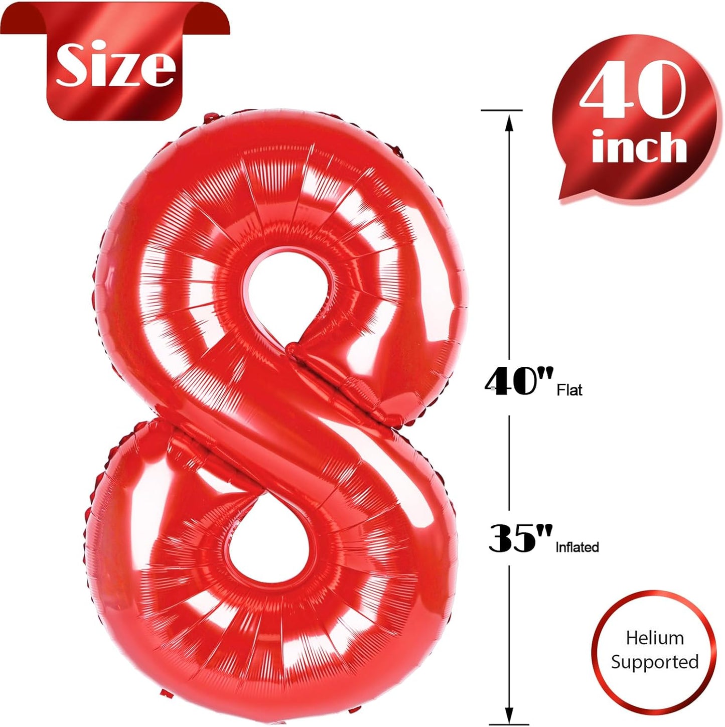Red 8 Balloon | 40-Inch Number Balloon for Birthday Decorations | Perfect for 8th Party Supplies