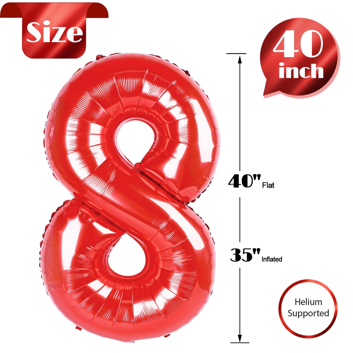 Red 8 Balloon, Number Balloon 40 Inch, Red Birthday Decorations, 8 18 28 38 80 Birthday Balloons, 8th Party Supplies, Number 8 Balloon