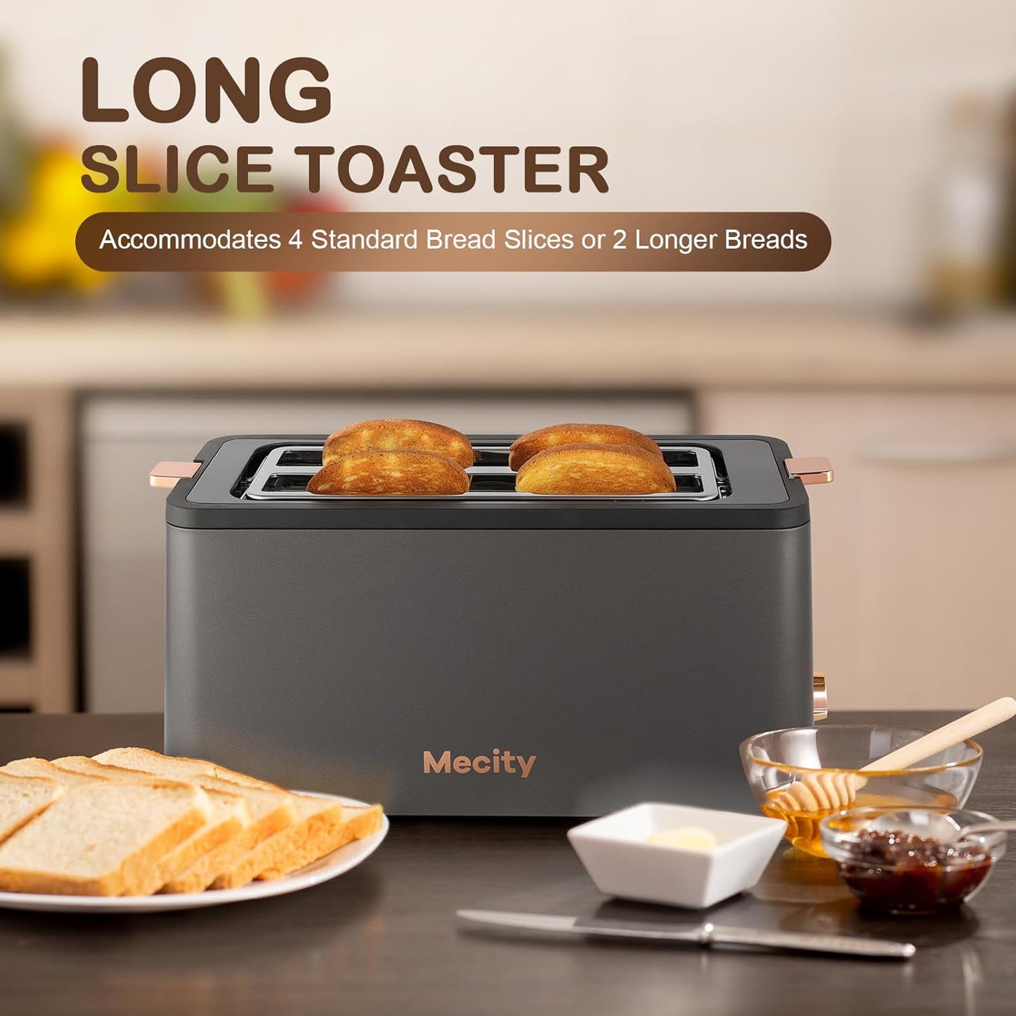 Mecity 4-Slice Long Slot Toaster - Stainless Steel With Warming Rack & 6 Browning Settings | Grey