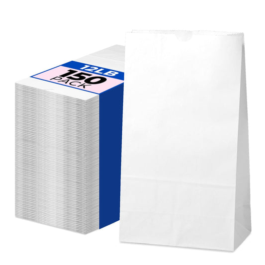Fit Meal Prep 150 Pack 12 lb White Paper Lunch Bags, 13 x 7 x 4.5" Durable Paper Bags Bulk for Packing, Delivery, Take Out, Grocery, Retail Shopping, Premium Sack for Snacks, Bakery