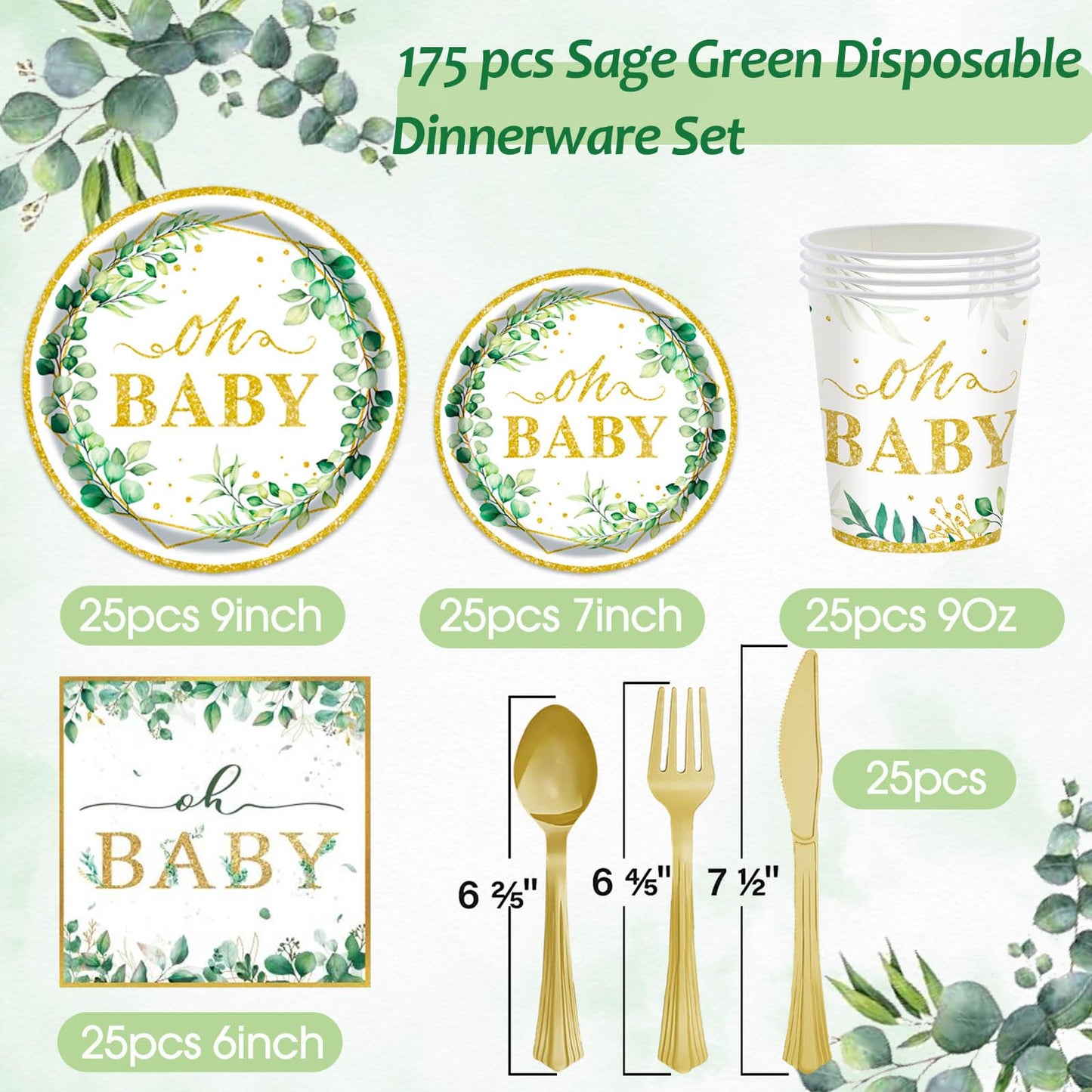 Sage Greenery Baby Shower Plates and Napkins Tableware Set - 175pcs Gender Neutral Baby Shower Decorations Oh Baby Party Supplies, Disposable Paper Plates Napkins for Baby Girl Boy Shower Decorations