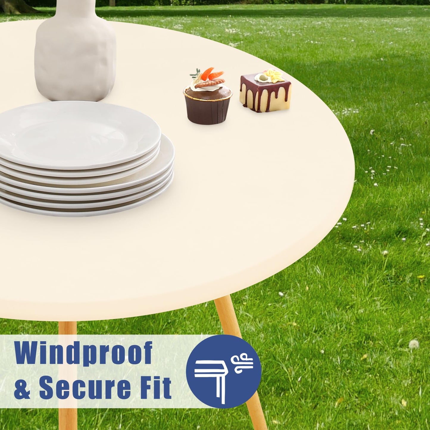 Moosfor Round Spandex Tablecloth, Elastic Fitted Waterproof Tablecloths for 31"-35" Tables, Stretch Washable Picnic Table Cover for Camping, Dining, Indoor and Outdoor, Beige