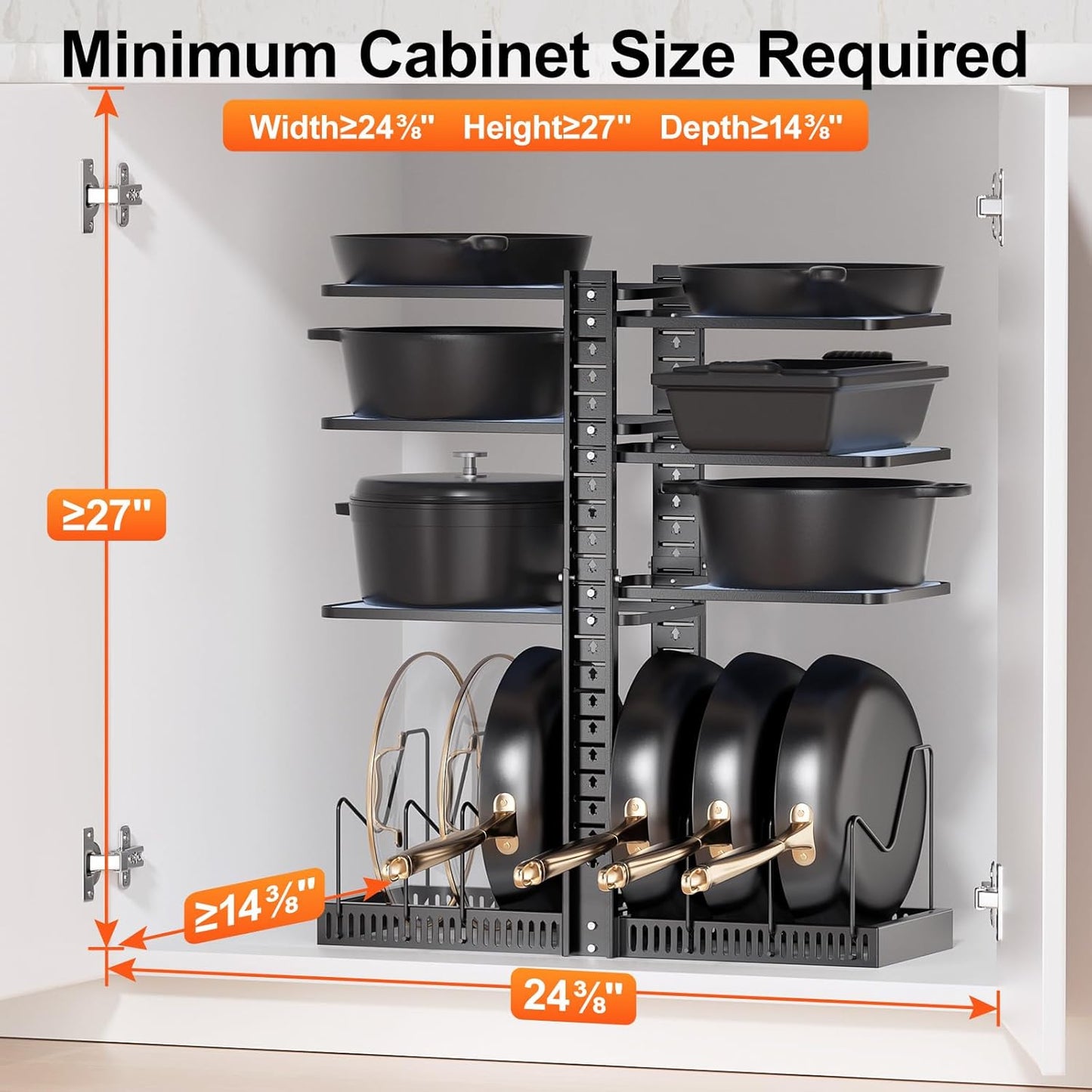 LAMU Pots and Pans Organizer - Expandable Under Cabinet Storage with 6 Adjustable Tiers | Holds 12 Cast Iron Cookware, Black