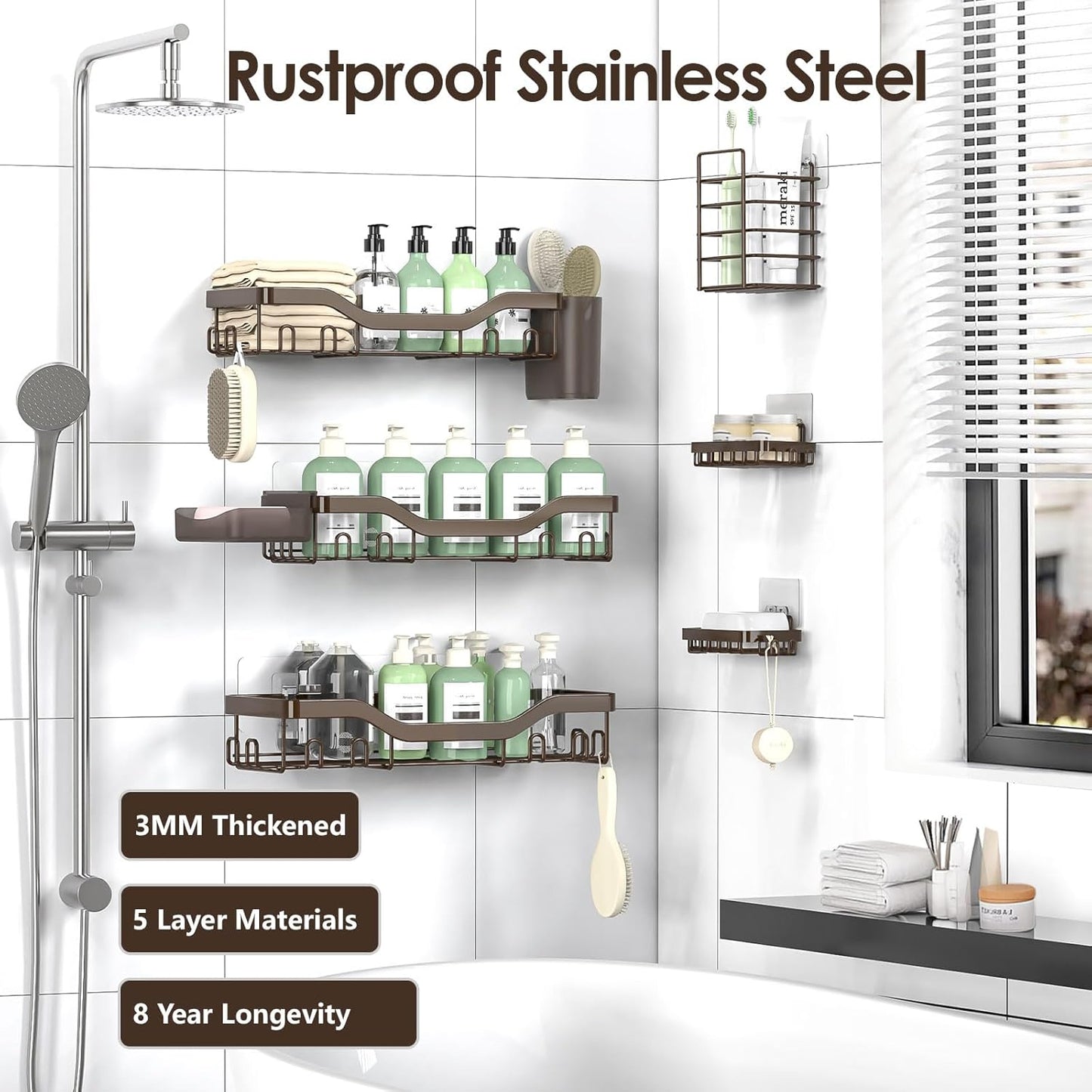 NESOMI Shower Caddy - Rustproof Stainless Steel Organizer with Soap Dish & Hooks | 8-Pack Large Capacity