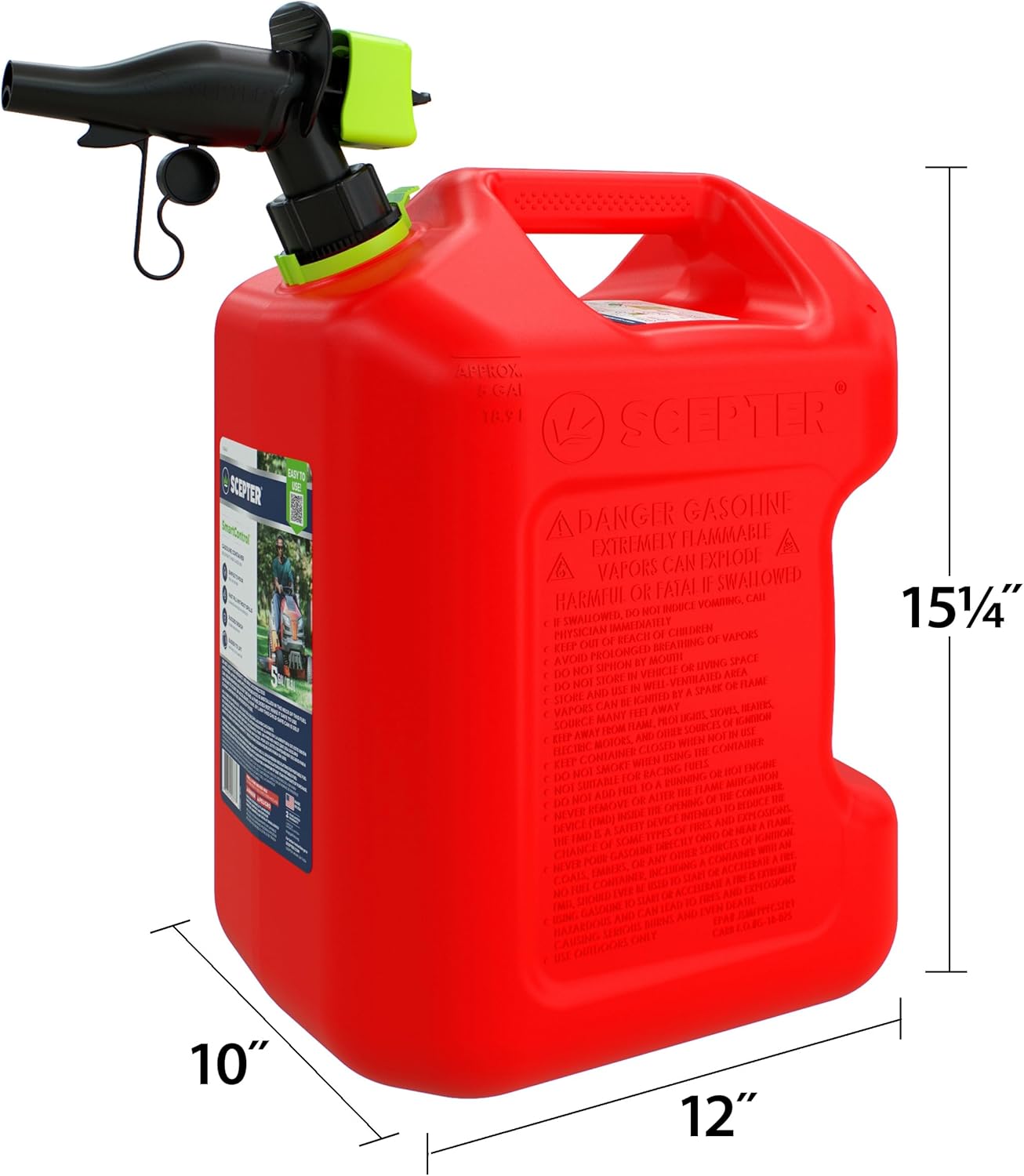 Scepter 5 Gallon Fuel Container - Spill Proof Spout & Bonus Extender | Red Gas Can with Rear Handle