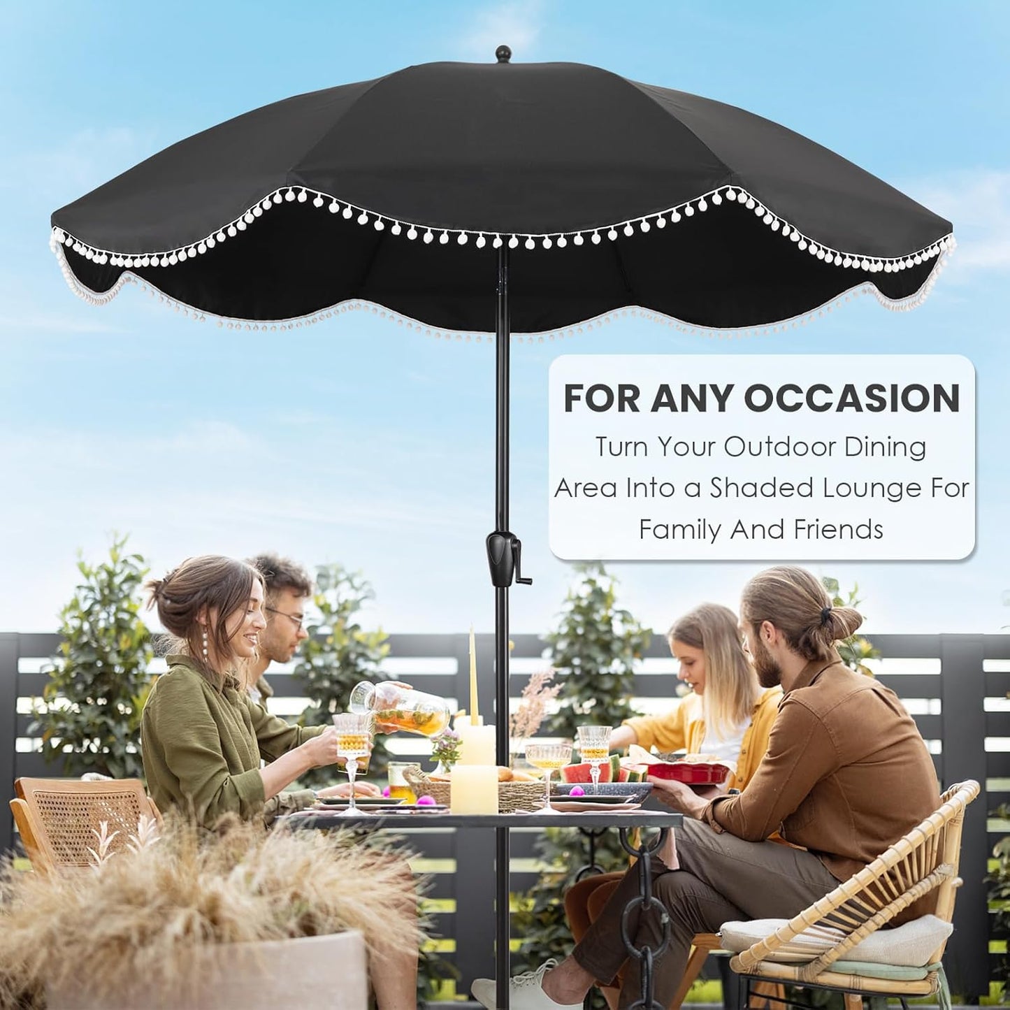 Sun-Ray 9' Patio Umbrella - Black Canopy with White Fringe Accents | Stylish Market Umbrella for Deck & Backyard