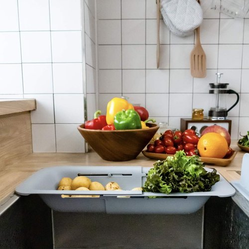Blue Ginkgo Over The Sink Colander Strainer Basket - Extendable Design for Washing Vegetables & Draining Pasta | Kitchen Essential (7.9"W x 14.5-19.5"L x 2.75"H)