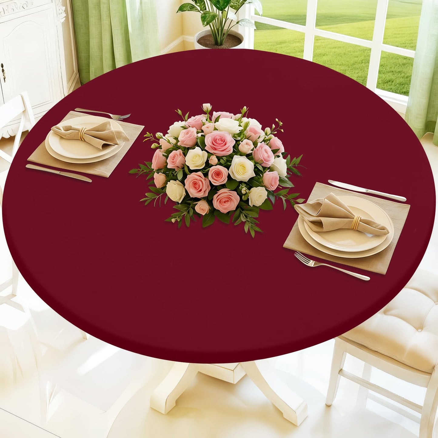 Moosfor Round Spandex Tablecloth, Elastic Fitted Waterproof Tablecloths for 25"-30" Tables, Stretch Washable Picnic Table Cover for Camping, Dining, Indoor and Outdoor, Wine Red