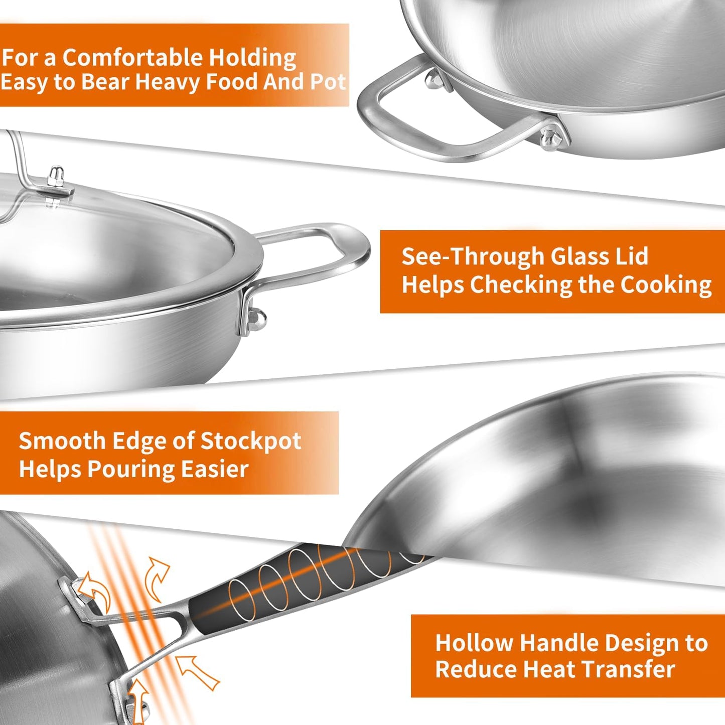 DELARLO Stainless Steel Pan 14-Inch, Large Frying Pan with Lid, Heavy Duty, Compatible with Induction, Gas and Electric up to 650℉, Fast & Even Heating, Dishwasher, Oven Safe Skillet, PTFE & PFOA Free
