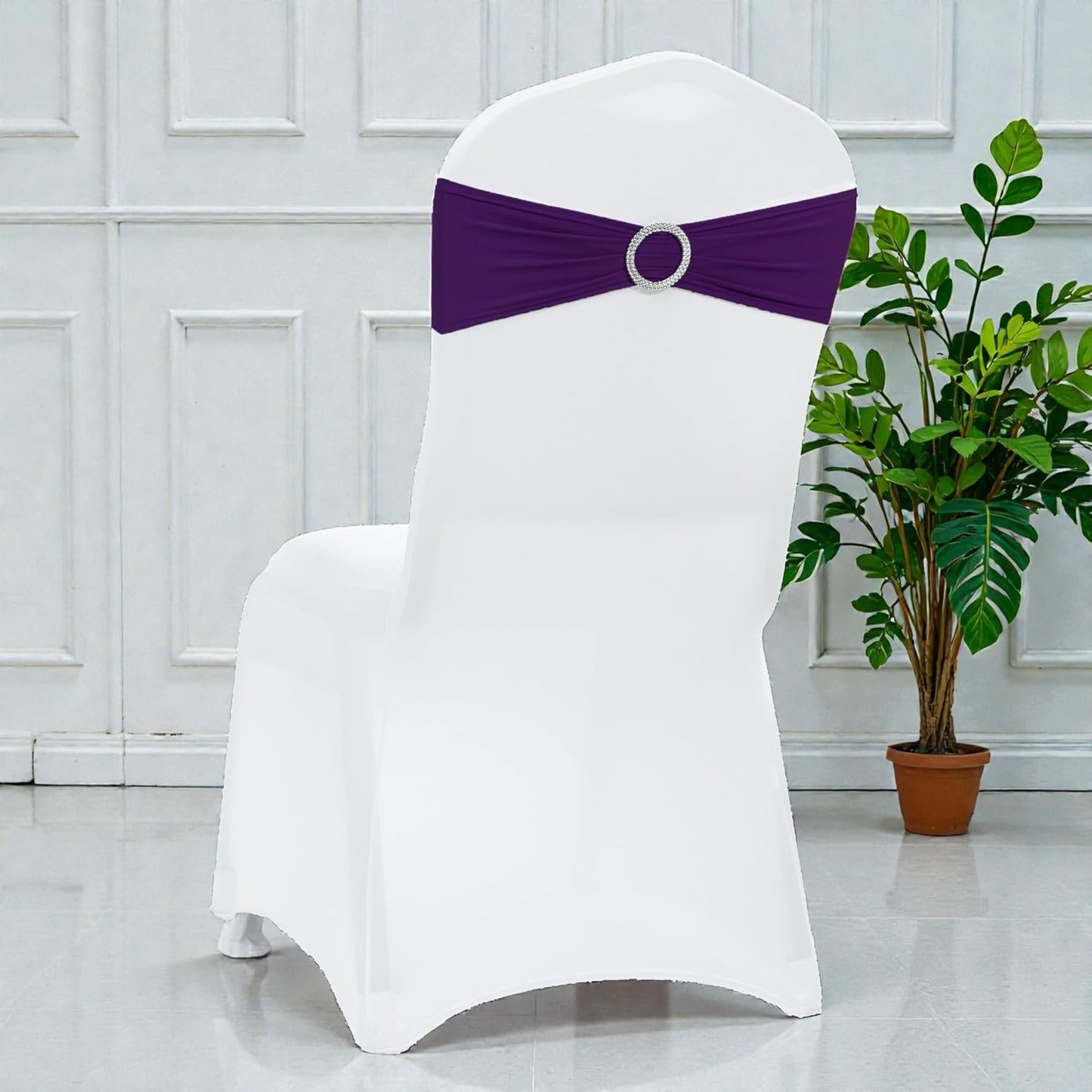 MDS Spandex Chair Sashes - Universal Fit Elastic Stretch Bands with Slider Bow - 125 Pack, Purple