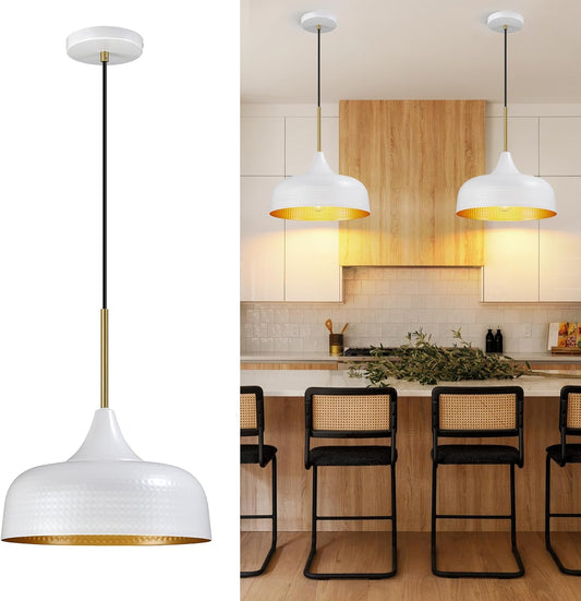 12" Hammered Metal Pendant Light, Farmhouse Pendant Light Fixtures, Hanging Light Fixture for Kitchen Island, Dining Room, Sink, Hallway, White