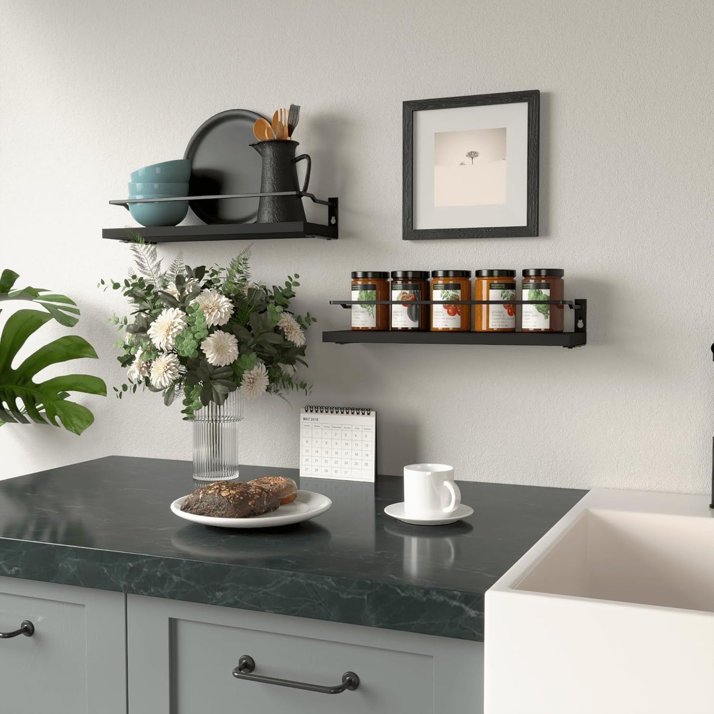 RICHER HOUSE Black Floating Bathroom Shelves - Over Toilet Storage Organizer with 2 Shelves