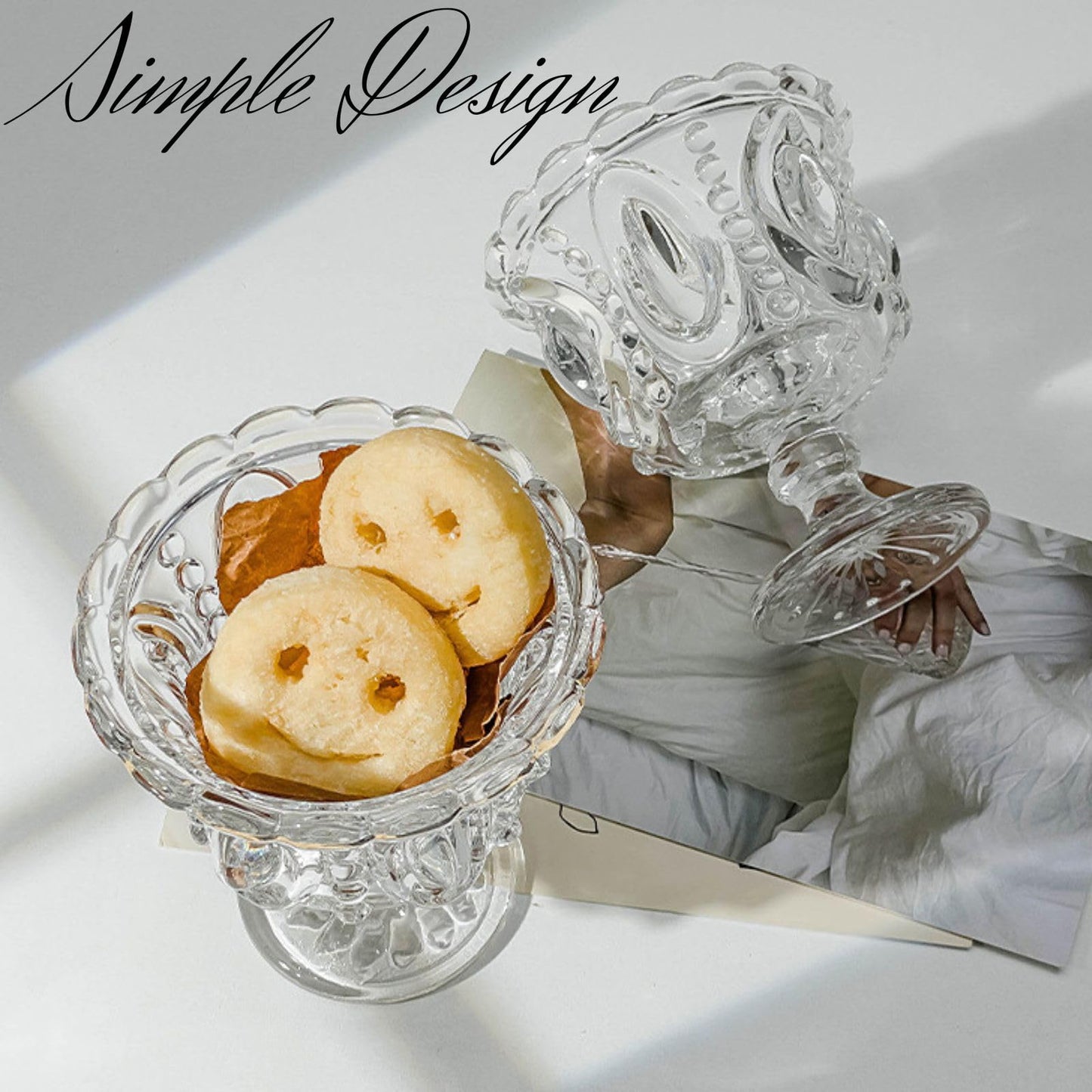 Boxonly Clear Crystal Dessert Goblet Set of 2 - Vintage Style 250ml Embossed Glass, 4.7"x3.9" / 12cmx10cm Footed Cups for Ice Cream & Sweets