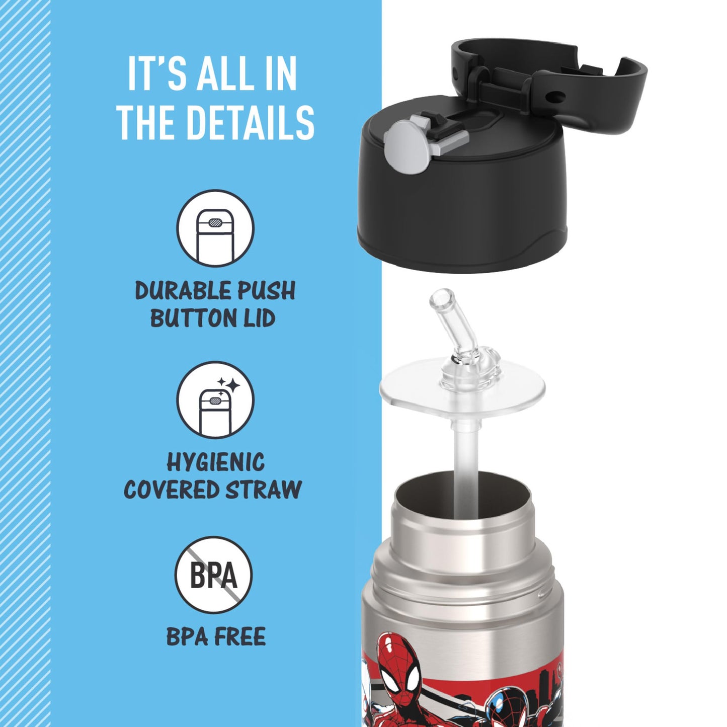 THERMOS FUNTAINER Water Bottle with Straw - 12 Ounce - Kids Stainless Steel Vacuum Insulated Water Bottle with Lid, Spiderman